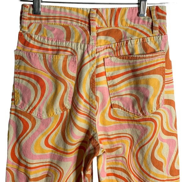 Shein Retro Wide Leg High Rise Jeans XS Orange Swirl Psychedelic 5 Pocket Zip - Picture 4 of 5